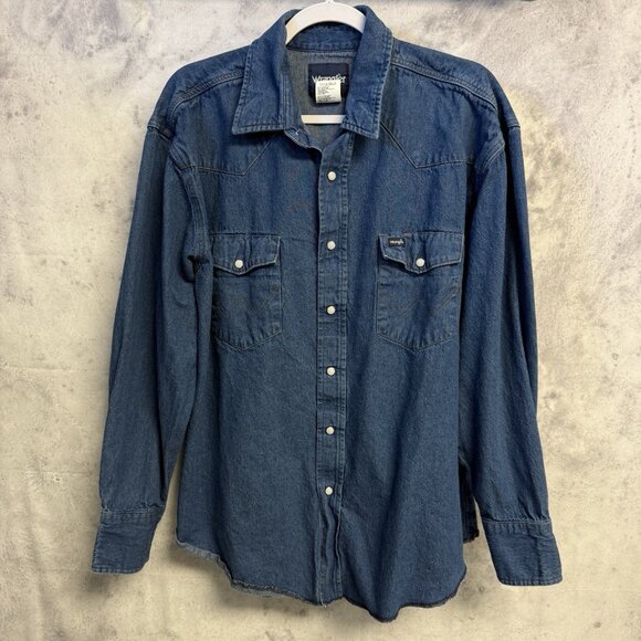 Vintage Wrangler Pearl Snap Denim Button Up Shirt Mens XL Long Sleeve - Picture 1 of 9